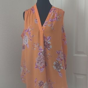 Vince Camuto Orange Purple Floral Sleeveless Blouse 1X Flowy V-Neck